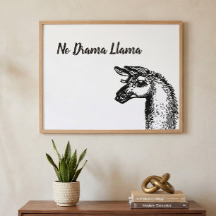 Póster Dibujo de Llama Divertida Sassy Sin Drama en Blanc