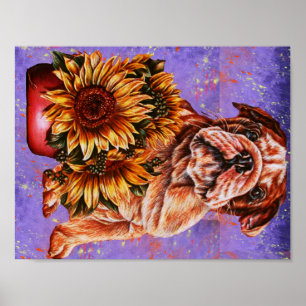 Póster Dibujo de los girasoles del bulldog en la pintura