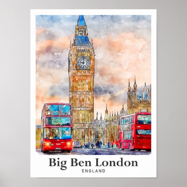 Póster Dibujo de mano de boceto acuático Big Ben London (Frente)