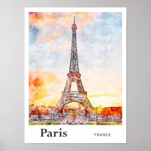 Póster Dibujo de mano de bosquejo de acuarela Eiffel Pari