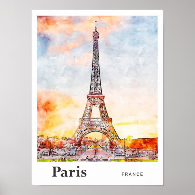 Póster Dibujo de mano de bosquejo de acuarela Eiffel Pari (Frente)
