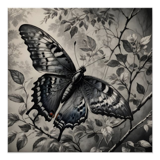 Póster Dibujo de mariposas en blanco y negro (Anverso)