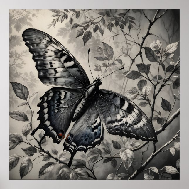 Póster Dibujo de mariposas en blanco y negro (Frente)