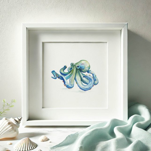 Póster Dibujo de octosis de color azul (Watercolor octopus in shades of blue on a print by Victoria Grigaliunas of Do Tell A Belle)