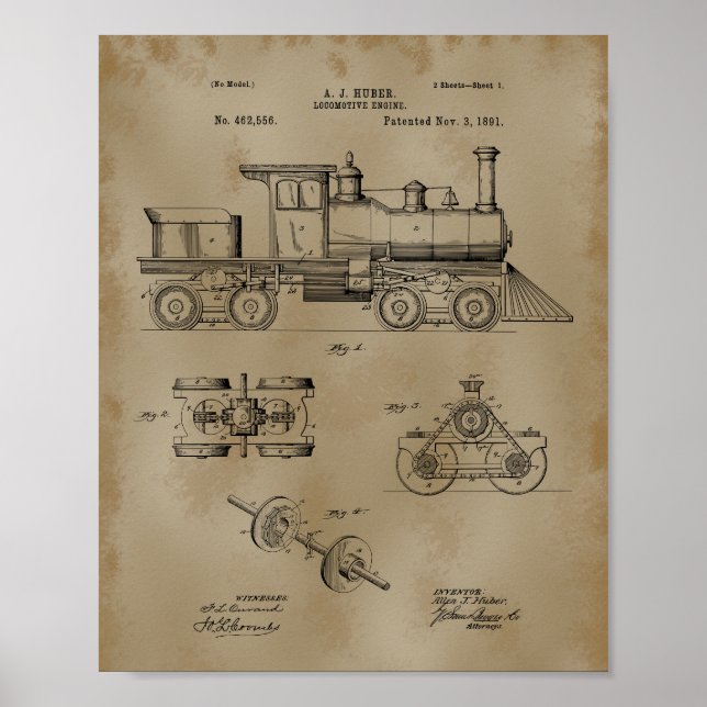 Póster Dibujo de patente de locomotora de trenes (Frente)