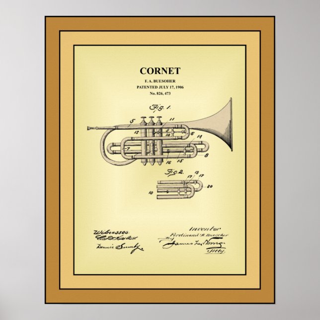 Póster Dibujo de patentes ~ F. A. Buesoher ~ Cornet ~ (Frente)