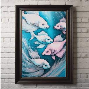 Póster Dibujo de pez con tiza rosa azul VII