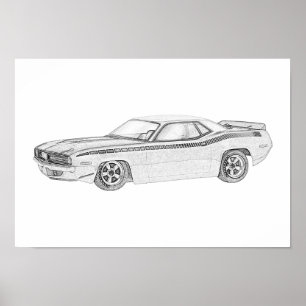 Póster Dibujo de Plymouth Barracuda en blanco y negro en
