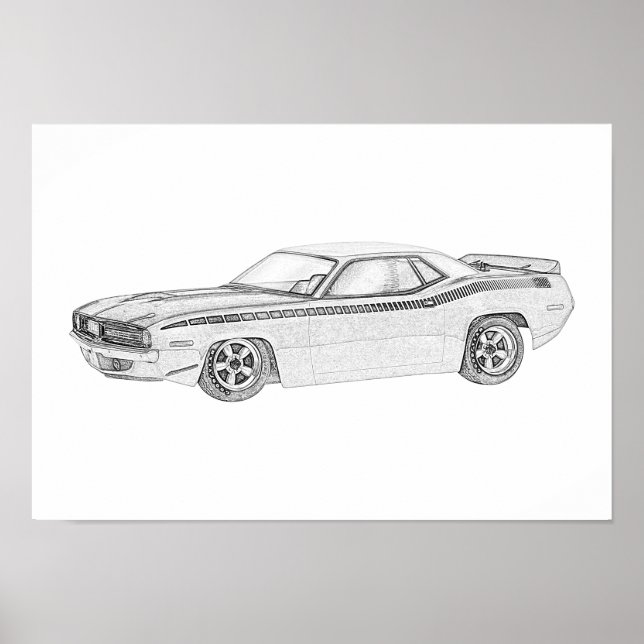 Póster Dibujo de Plymouth Barracuda en blanco y negro en  (Frente)