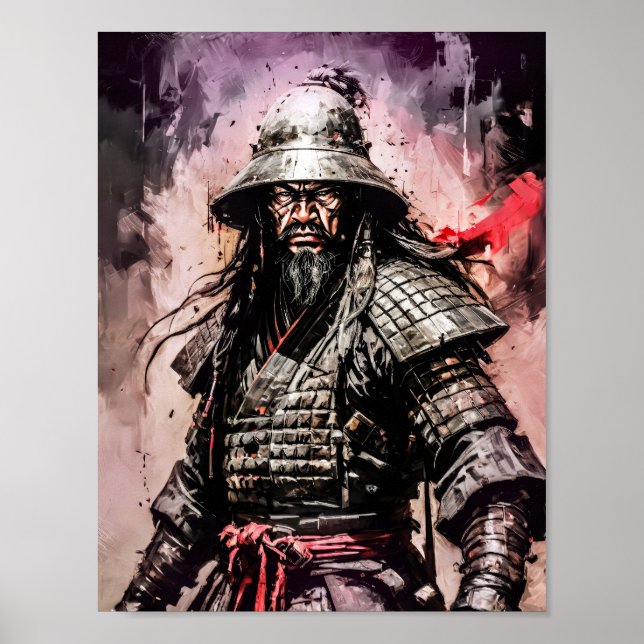 Póster Dibujo de tinta de guerrero samurái ronin (Frente)