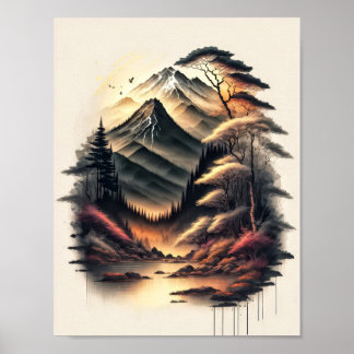 Póster Dibujo de tinta de paisaje japonés con volcán