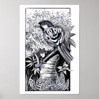 Dibujo de tinta de pájaro blanco y negro