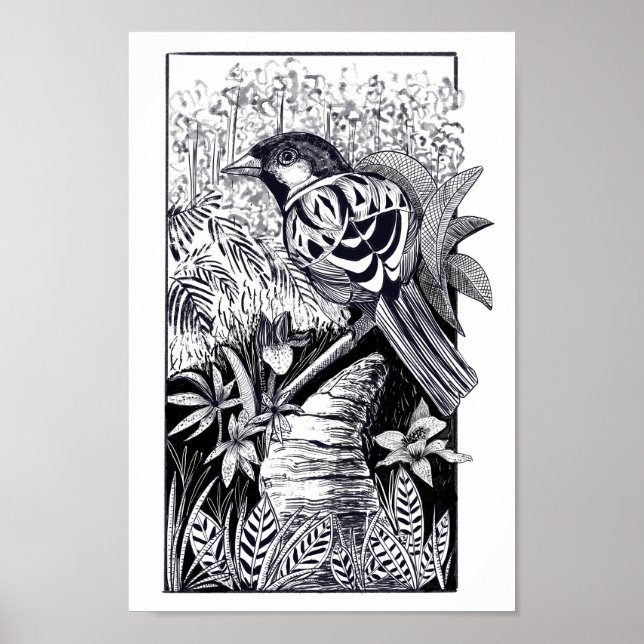 Póster Dibujo de tinta de pájaro blanco y negro (Frente)