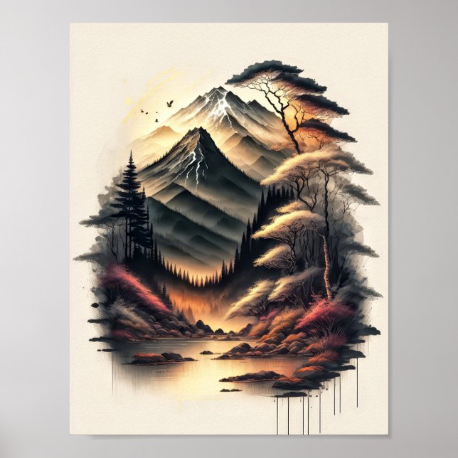 Póster Dibujo de tinta del paisaje japonés con volcán (Frente)