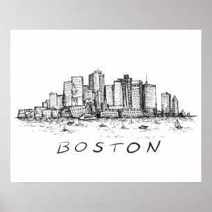 Póster Dibujo de tinta del paisaje urbano de Boston