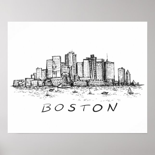 Póster Dibujo de tinta para el paisaje urbano de Boston (Frente)