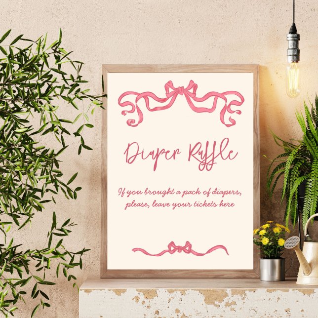 Póster Dibujo del arco de cinta rosa símbolo de la rifa d (Pink ribbon vintage bow sketch baby shower diaper raffle table sign personalized decor)