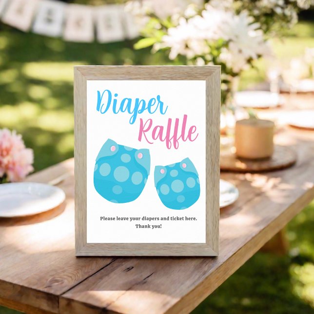Póster Dibujo del Fiesta de revelación de pañales azul ro (Blue Pink Diaper Raffle Gender Reveal Party Draw Poster
)