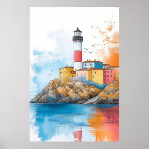 Póster Dibujo del Ilustracion del faro sobre el fondo mar