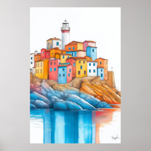 Póster Dibujo del Ilustracion del faro sobre el fondo mar