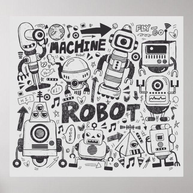 Póster Dibujo del ilustrador del robot Doodle (Frente)