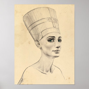 Póster dibujo del retrato de Nefertiti papiro del Antiguo