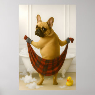 Póster Dibujo divertido de Bulldog Francés para baño, Fra