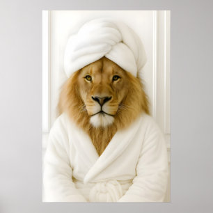 Póster Dibujo divertido de león en el baño, León con bata