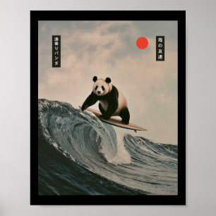 Póster Dibujo divertido de panda surfeando Ola Japonesa M