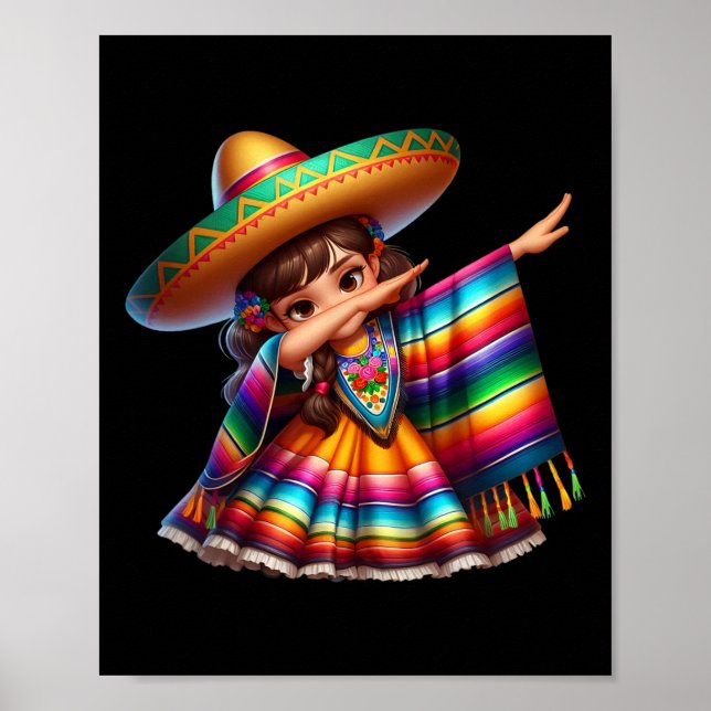 Póster Dibujo Divertido Poncho Mexicano Sombrero Cinco De (Frente)