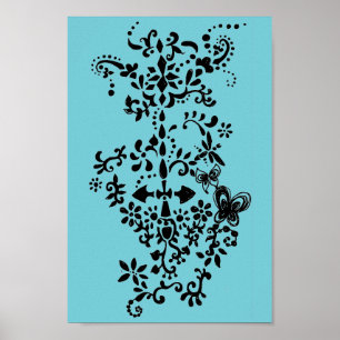 Póster Dibujo elegante de flor y mariposa