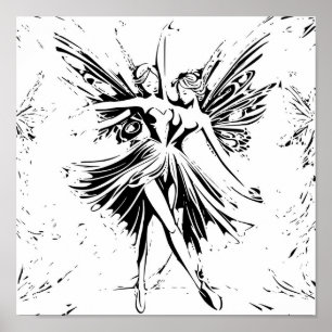 Póster Dibujo en blanco y negro de baile de hadas