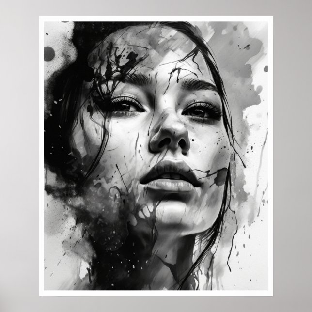 Póster Dibujo en blanco y negro de la cara de una mujer (Frente)