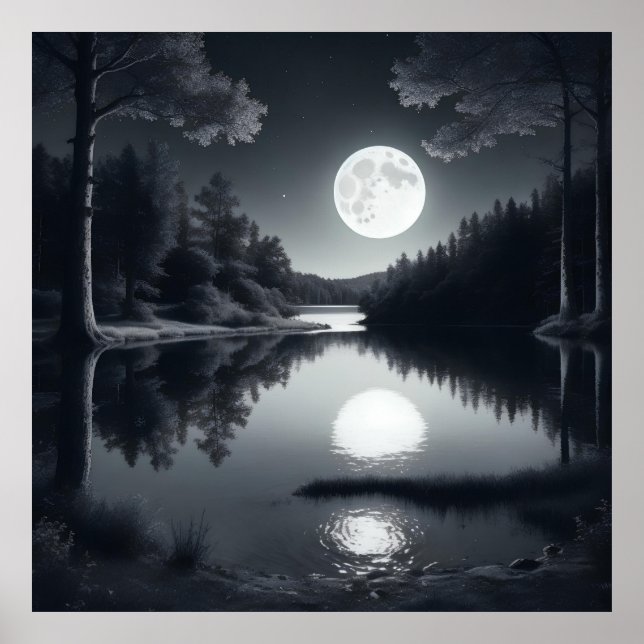 Póster dibujo en blanco y negro, el lago y las estrellas (Frente)