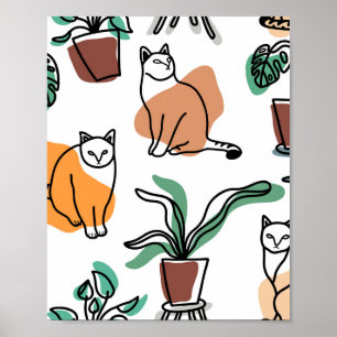 Póster Dibujo en línea de gatos y flores