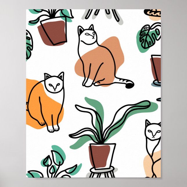 Póster Dibujo en línea de gatos y flores (Frente)
