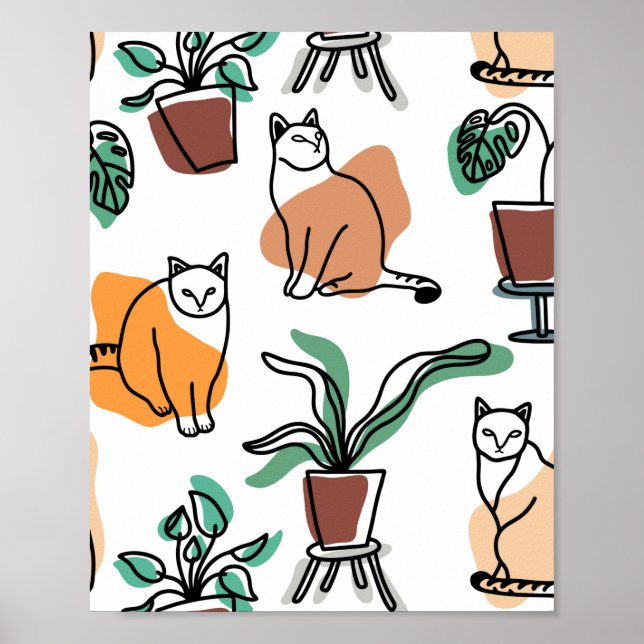 Póster Dibujo en línea de gatos y flores (Frente)