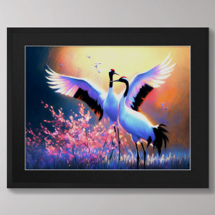 Póster Dibujo en pastel del par chino de grullas de color