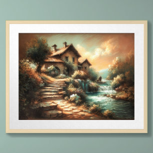 Póster Dibujo en Pastel Estilo Vintage Paisaje Casa de Ag