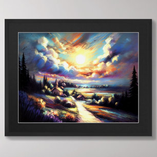 Póster Dibujo en Pastel Paisaje Nocturno Colorido