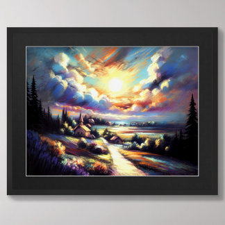 Póster Dibujo en Pastel Paisaje Nocturno Colorido