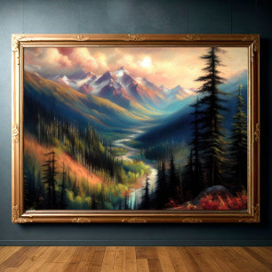 Póster Dibujo en pasto duro del paisaje montañoso