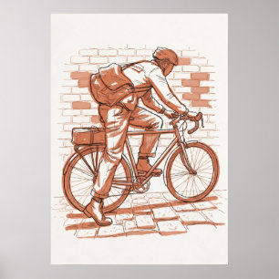 Póster Dibujo en sepia de viajero en bicicleta vintage