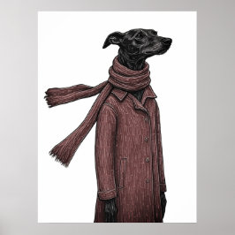 Póster Dibujo estilizado de galgo con abrigo vintage
