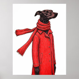 Póster Dibujo estilizado de galgo con abrigo vintage rojo