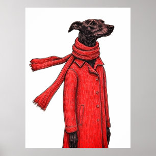Póster Dibujo estilizado de galgo con abrigo vintage rojo