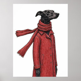 Póster Dibujo estilizado de galgo con abrigo vintage rojo