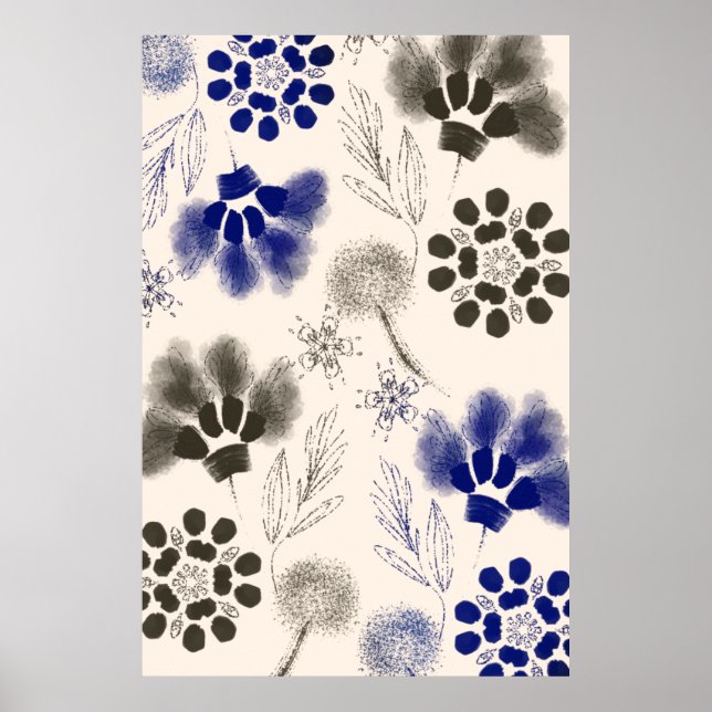 Póster Dibujo floral azul de Lotus (Frente)