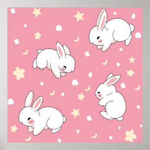 Póster Dibujo Kawaii de Conejo Rosa Lindo
