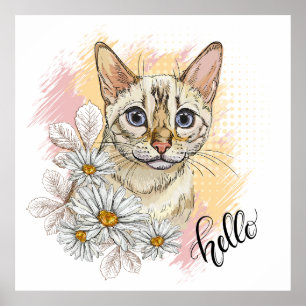 Póster Dibujo manual gracioso gato bengalí de nieve con c